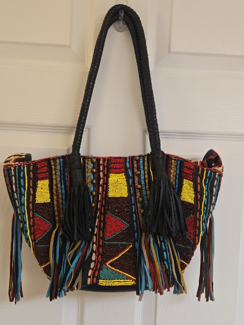 Anthropologie Antik Batik Black Beaded Fringe Shoulder Bag